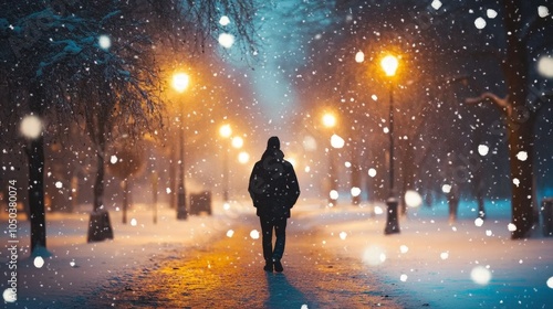 A person walking through a snowy park at dusk, with snowflakes falling around them, reflecting feelings of isolation and melancholy. photo