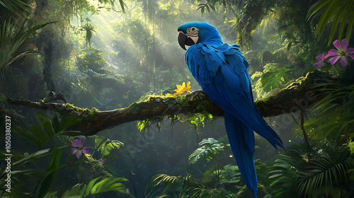 Exquisite Hyacinth Macaw Nestled in a Tropical Rainforest with Vibrant Foliage and Flowers