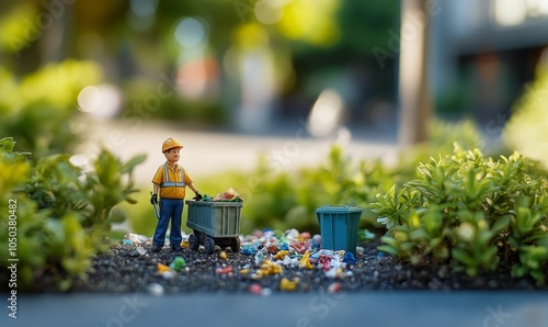 Miniature worker collecting trash in a garden. photo