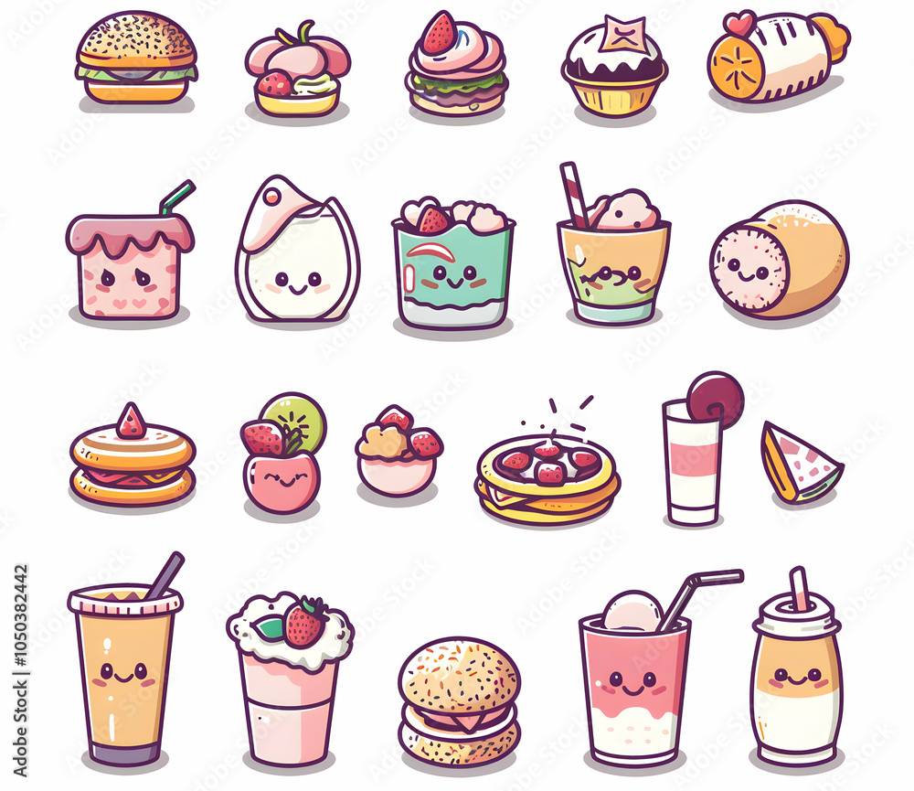A collection of 20 cute cartoon food icons, featuring hamburgers, cakes, ice cream, smoothies, fruits and more. A collection of 20 cute cartoon food icons, featuring hamburgers, cakes, ice cream, smoothies, fruits and more.