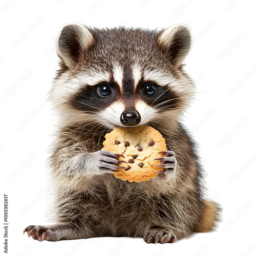 adorable raccoon holding chocolate chip cookie cute animal portrait transparent background