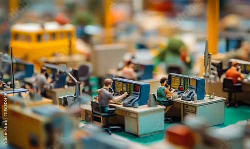 Miniature office workers at desks with computers.