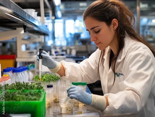 A researcher studying bio-based materials that decompose naturally, creating solutions for plastic waste in a biotech lab. photo