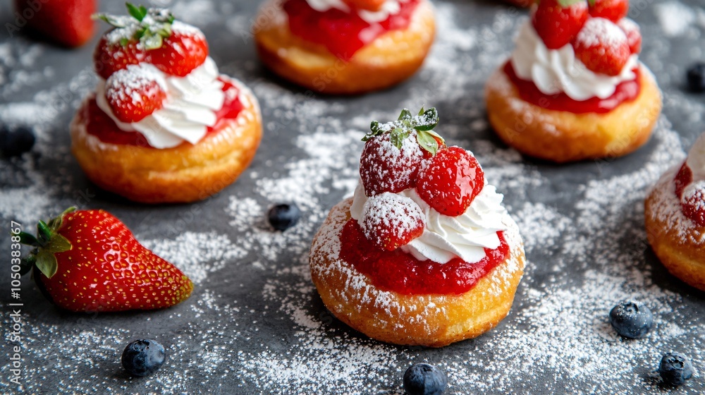 Paczki with strawberry cream filling, placed on a gray marble surface, garnished with fresh strawberries, powdered sugar, and whipped cream Paczki with strawberry cream filling, placed on a gray marble surface, garnished with fresh strawberries, powdered sugar, and whipped cream