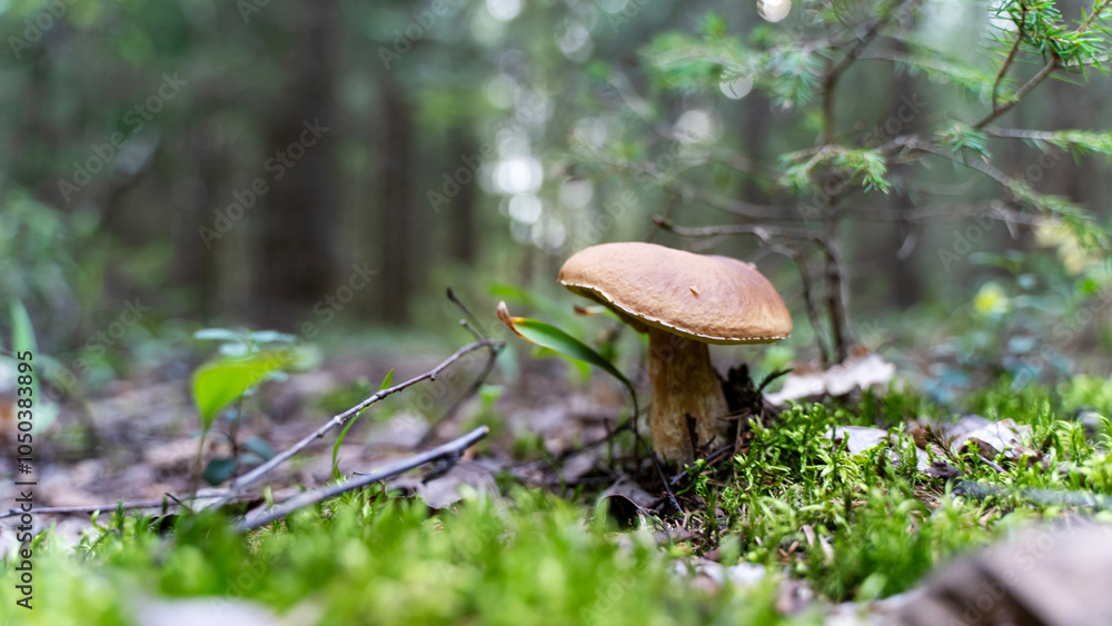 Fototapeta premium beautiful mushroom in a forest clearing in the sunlight