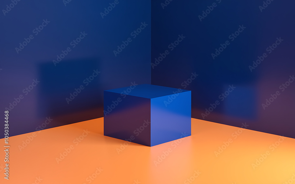 Obraz premium Blue cube on orange surface minimal geometric background modern design clean and simple 