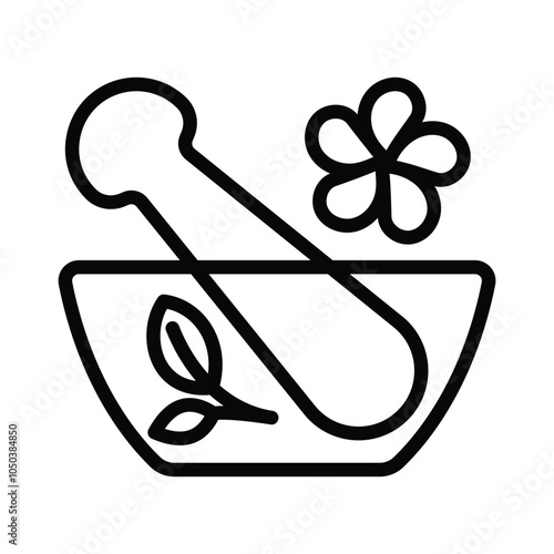 Mortar with pestle. Editable line icon. Bowl for crushing, grinding, mixing ingredients into powder. Minimalist stylized illustration for kitchen, laboratory, pharmacy or aromatherapy.