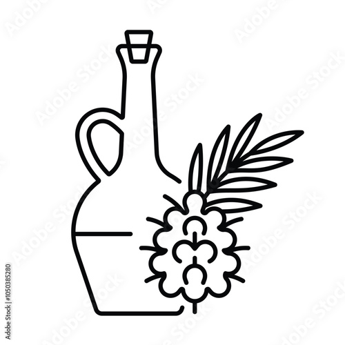 Palm oil, icon. Organic oil from extracted from the fruit pulp of the oil palm. Composition with a palm fruit, leaf and glass jug. Organic palm oil in vintage vessel. Unique icon, editable strokes