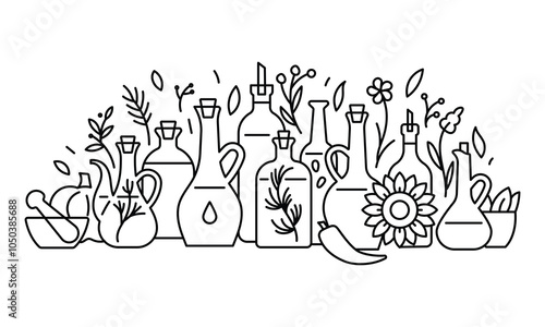 Organic oils. Linear illustration of diversity seeds oils in glass bottles. Horizontal orientation of composition. Stylized doodle illustration, editable stroke