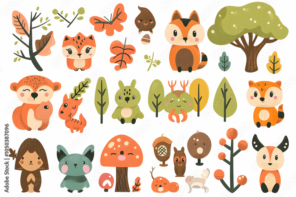 Fototapeta premium A collection of cute cartoon woodland animals and nature elements, including a fox, squirrel, owl, deer, mushroom, and trees.