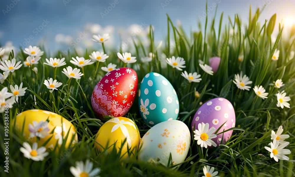 Easter eggs in a grassy park. Spring flowers blooming Easter eggs in a grassy park. Spring flowers blooming