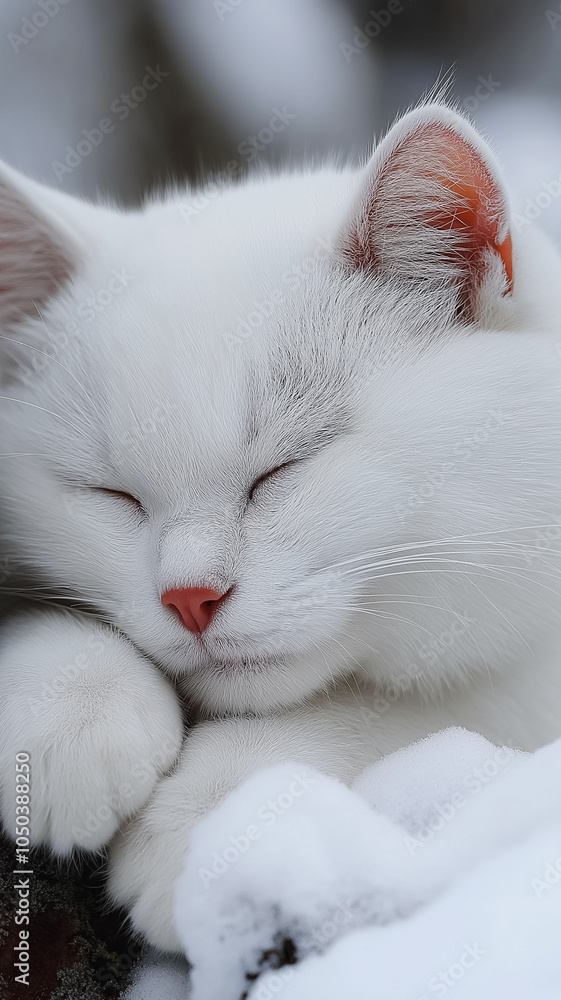 A white cat is sleeping in the snow. The cat is curled up and has its paws tucked under its body. The snow is covering the ground and the cat is the only living thing visible in the scene A white cat is sleeping in the snow. The cat is curled up and has its paws tucked under its body. The snow is covering the ground and the cat is the only living thing visible in the scene