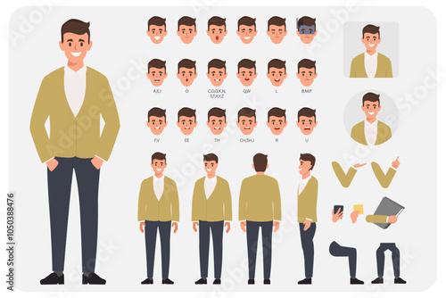 Cartoon character with businessman in casual wear for animation. Front, side, behaviour character. Separate parts of body. Flat vector illustration.