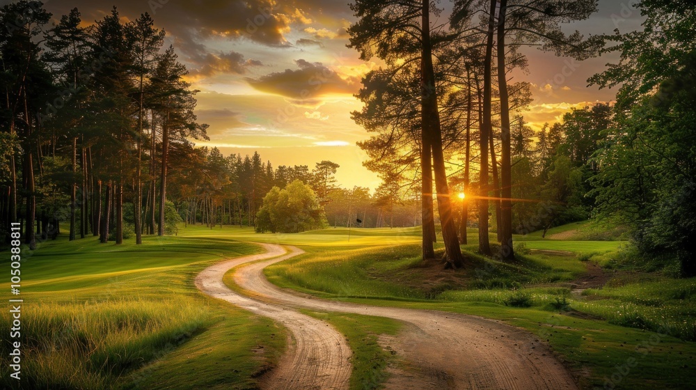 A winding dirt road leads to the green fairway of an elegant golf course A winding dirt road leads to the green fairway of an elegant golf course