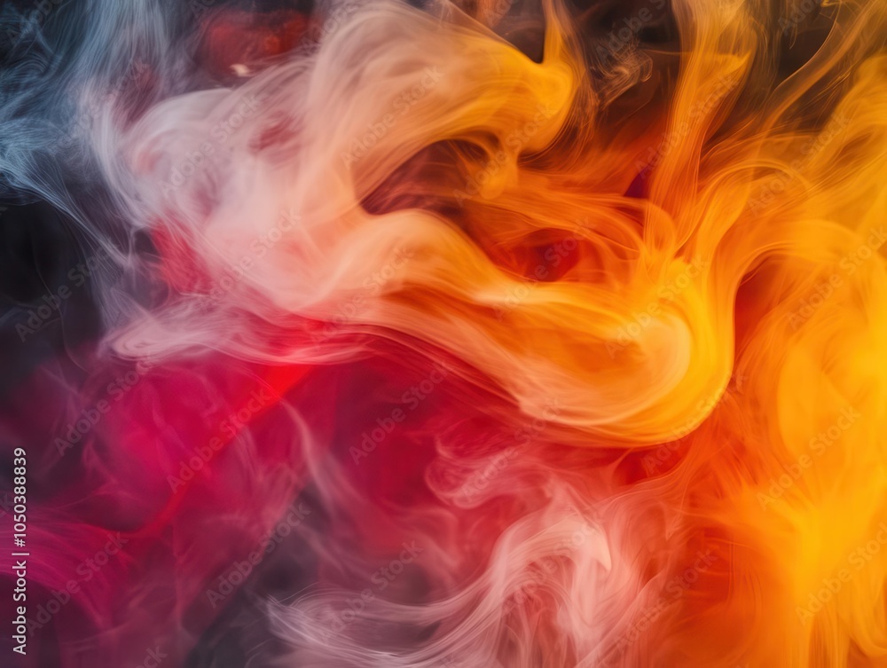 Fototapeta premium whimsical smoke swirling in a circular motion, merging oranges, reds, and yellows against a dark abstract background, creating a sense of explosion and mystique, evoking an otherworldly atmosphere