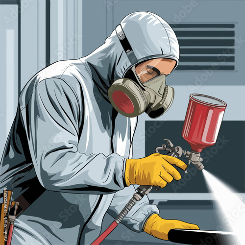 Painter in protective gear spraying with airgun