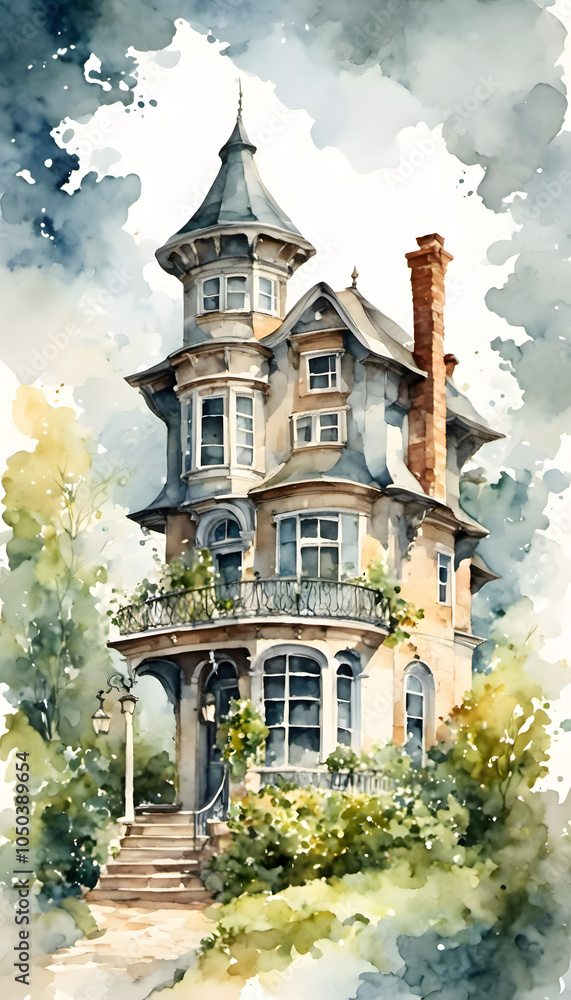 Naklejka premium A charming watercolor painting of a cozy house surrounded by colorful flowers. The background is a dreamy, cloudy sky, creating a serene atmosphere.