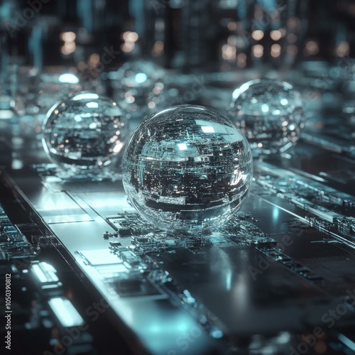 Futuristic Technology: Glowing Spheres on a Circuit Board