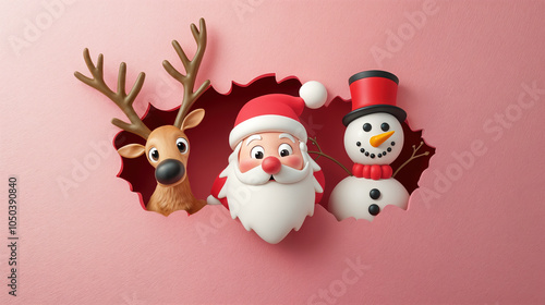 3d santa claus, reindeer, and snowman Peeking through pink background