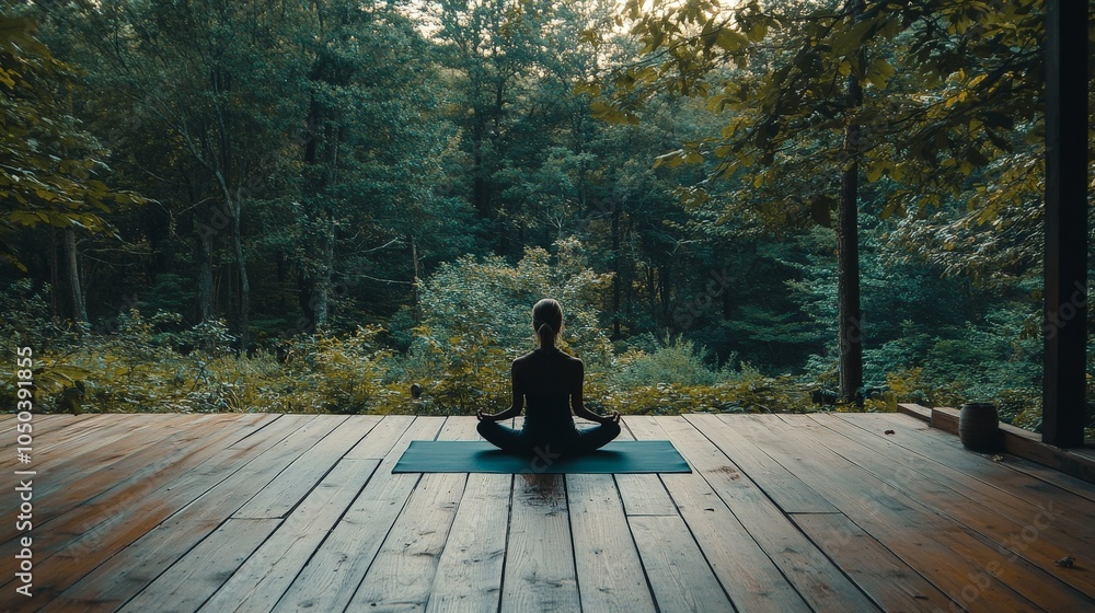 Fototapeta premium A yoga mat laid out on a wooden deck in the forest, with a person meditating, free from technology and digital distractions.