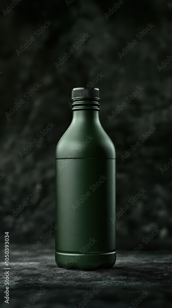 A matte green bottle stands out against a dark backdrop, highlighting its vibrant hue A matte green bottle stands out against a dark backdrop, highlighting its vibrant hue