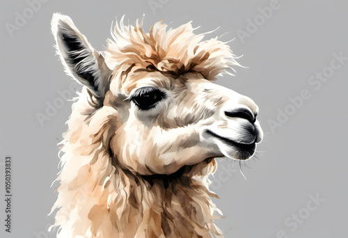 A watercolor painting of a llama with a fluffy mane against a gray background.