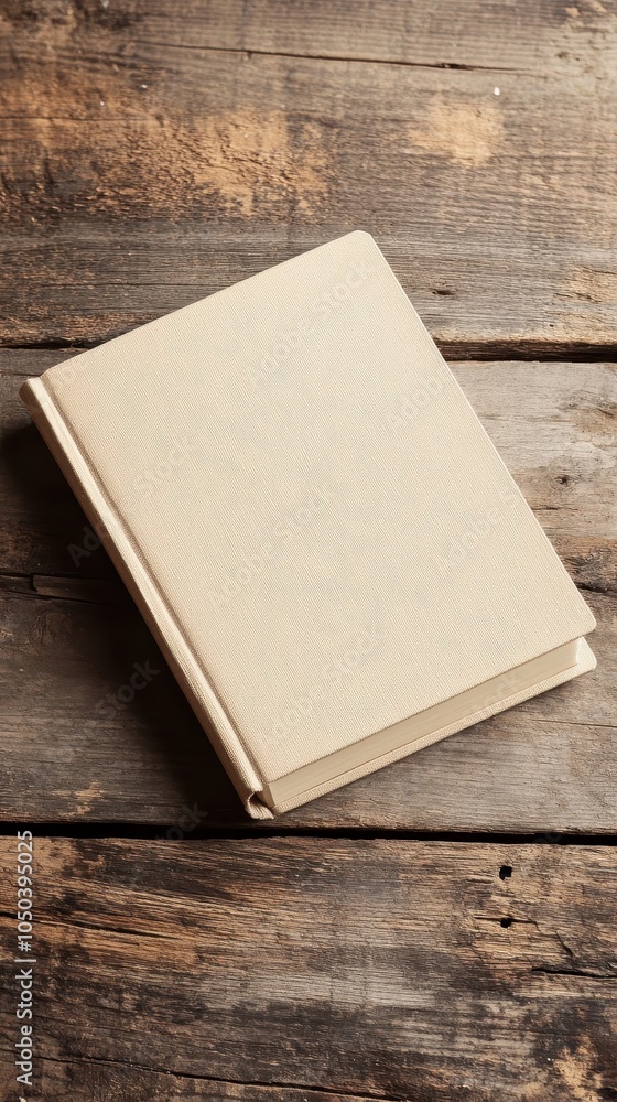 Fototapeta premium A light beige menu book on a natural wood table, softly lit for a cozy feel