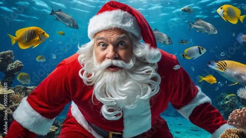 Santa Claus at the bottom of the sea, among fish and corals. Diving at Christmas