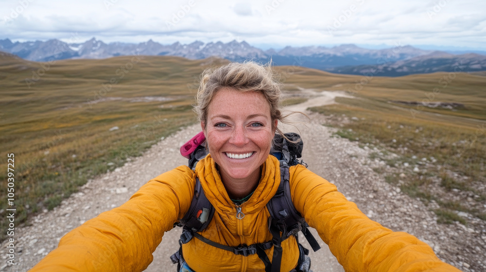 Exploring breathtaking mountains, woman smiles joyfully while hiking on scenic trail. Her vibrant orange jacket contrasts beautifully with natural landscape Exploring breathtaking mountains, woman smiles joyfully while hiking on scenic trail. Her vibrant orange jacket contrasts beautifully with natural landscape
