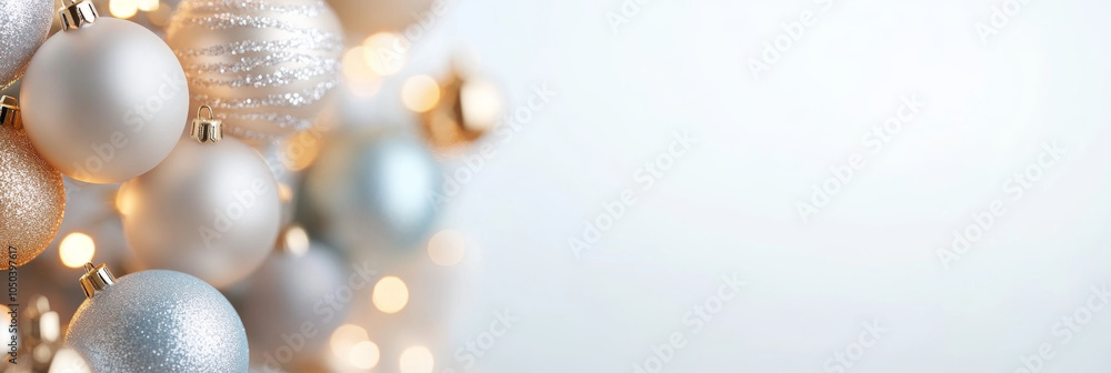 Elegant Christmas ornaments in silver and white create festive atmosphere, perfect for holiday celebrations. soft bokeh effect adds warm touch to scene Elegant Christmas ornaments in silver and white create festive atmosphere, perfect for holiday celebrations. soft bokeh effect adds warm touch to scene