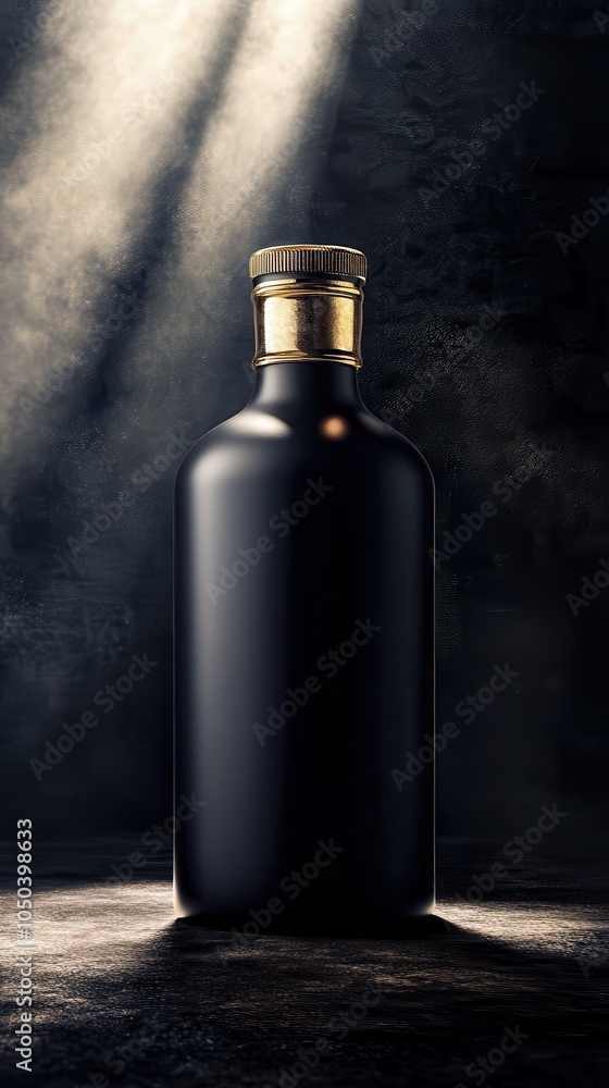 Stylish black bottle with sophisticated labeling on a dramatic dark background Stylish black bottle with sophisticated labeling on a dramatic dark background