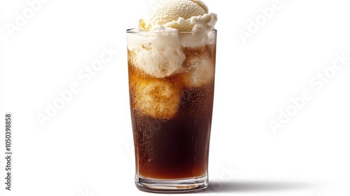 A cold root beer float with vanilla ice cream floating on top, served in a tall glass, isolated on a white background