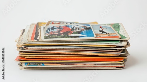 A collection of baseball trading cards neatly stacked, isolated on a white background photo