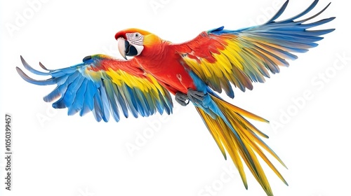 A colorful macaw flying with its wings spread wide, isolated on a white background