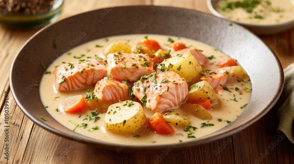 Fresh Salmon with Vegetables in Creamy Sauce Fresh Salmon with Vegetables in Creamy Sauce