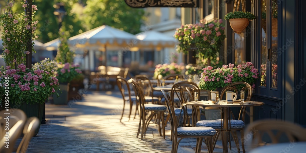 Obraz premium A cozy 3D model of a cafÃ© terrace with tables and chairs, adorned with flowers and umbrellas, inviting guests to enjoy outdoor dining