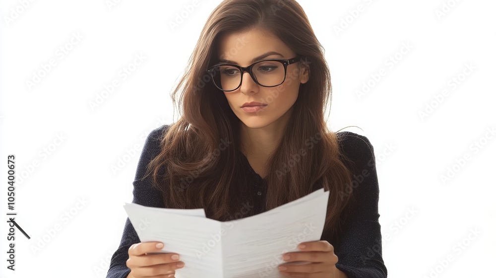 A confident businesswoman in glasses, reviewing documents while seated at a desk, isolated on a white background A confident businesswoman in glasses, reviewing documents while seated at a desk, isolated on a white background