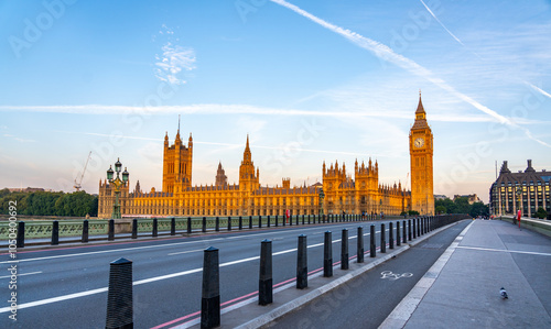 View of the Westminster Palace and Big Ben During a Clear Sky Sunrise