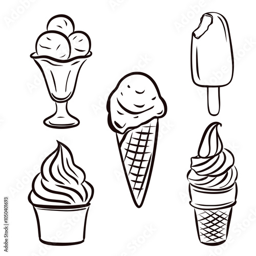 Set of ice cream drawing. Black contour sketch, silhouettes of different ice-creams.
