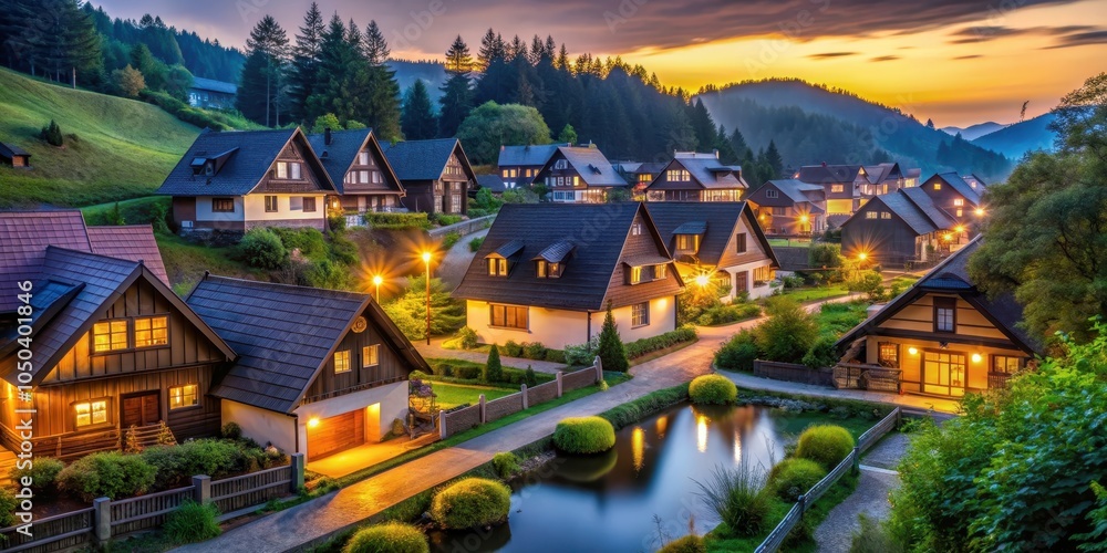 Serene village at dusk with houses glowing in soft liquid hues, serene, village, dusk, houses, glowing, soft, liquid Serene village at dusk with houses glowing in soft liquid hues, serene, village, dusk, houses, glowing, soft, liquid