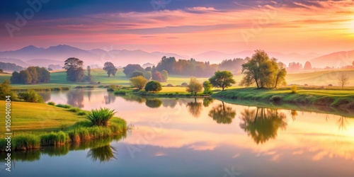 Serenity found in a countryside landscape with soft liquid hues , peaceful, serene, fields, meadows, skies, tranquil