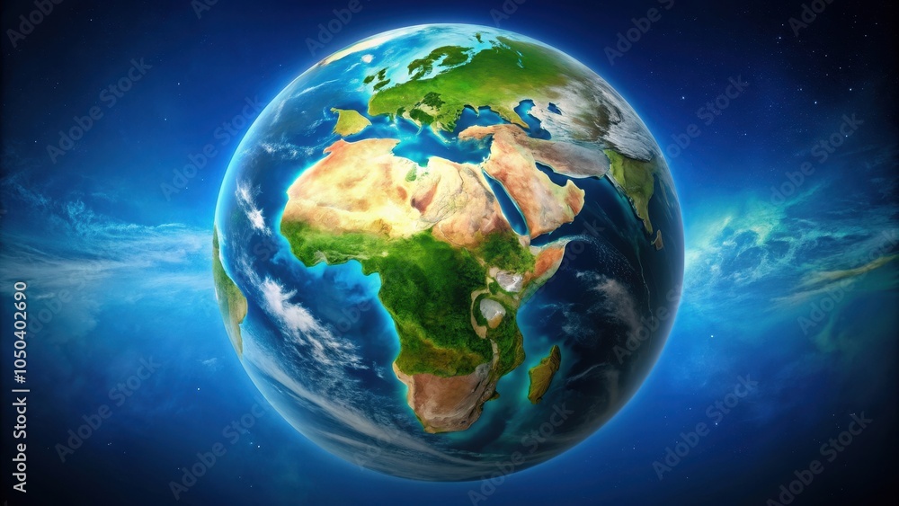 Fototapeta premium Planet Earth with blue oceans and green landmasses, earth, planet, world, globe, nature, environment, blue