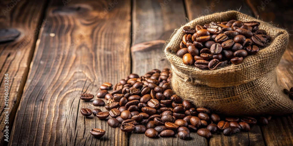 Fototapeta premium Aromatic roasted coffee beans in a burlap sack on a rustic wooden table, coffee, beans, aromatic, roasted, burlap sack