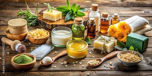 Assortment of natural skincare and wellness products displayed on a rustic wooden surface , skincare, wellness, natural