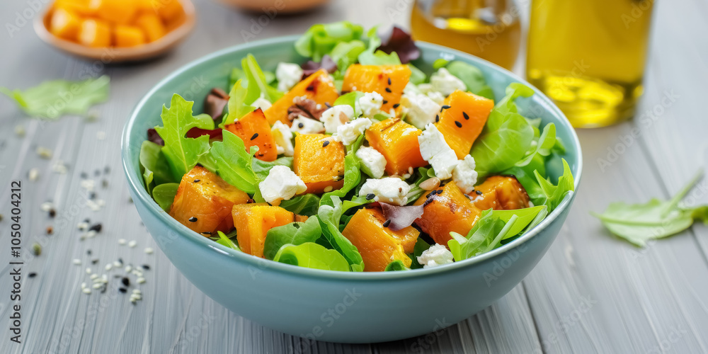 Baked pumpkin, goat cheese and lettuce salad in blue bowl on light gray wooden table, healthy seasonal vegetables in diet Baked pumpkin, goat cheese and lettuce salad in blue bowl on light gray wooden table, healthy seasonal vegetables in diet