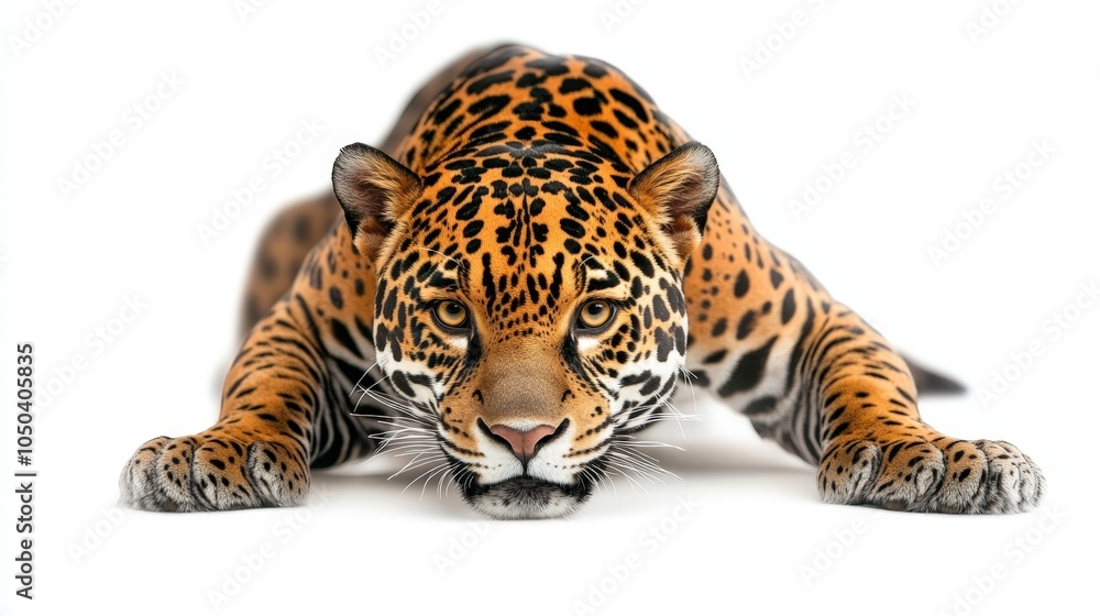 A fierce jaguar crouching low, muscles tense and ready to pounce, isolated on a white background A fierce jaguar crouching low, muscles tense and ready to pounce, isolated on a white background