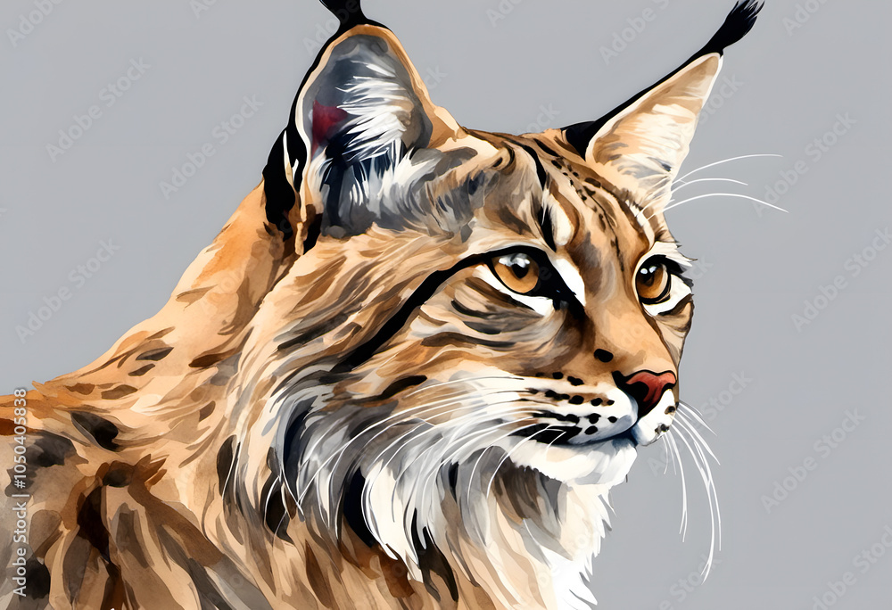 Obraz premium A detailed watercolor painting of a lynx with distinctive tufted ears and spotted fur, gazing attentively to the side. The artwork captures the lynx's majestic and wild nature.