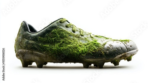 A football cleat with grass stains on the sole, isolated on a white background photo