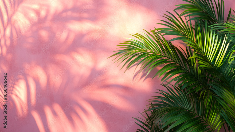 Tropical green palm leaf with shadow on a pink pastel background. Copy space Tropical green palm leaf with shadow on a pink pastel background. Copy space