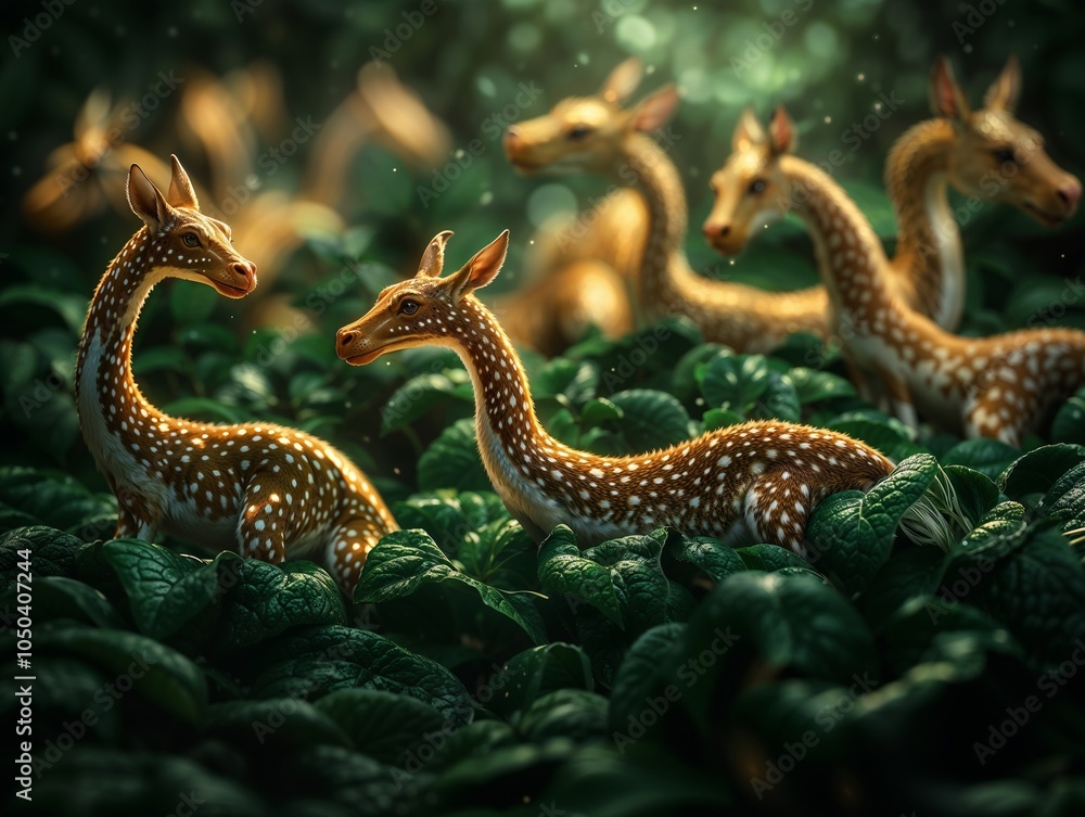 Fototapeta premium Surreal Mini Deer-Like Creatures in Lush Forest Setting with Glowing Light